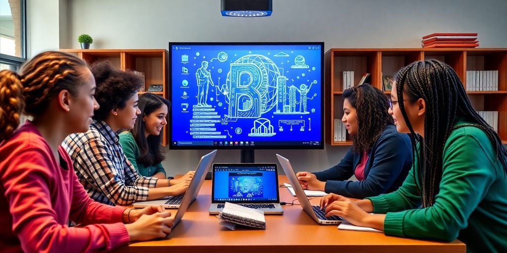 Students learning blockchain technologies in a modern classroom.