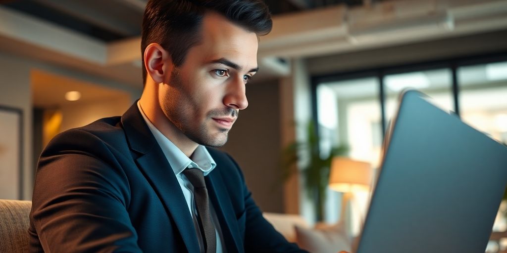 Executive in a modern office looking at a laptop.
