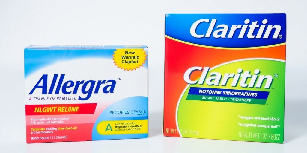 Allegra and Claritin packaging side-by-side.