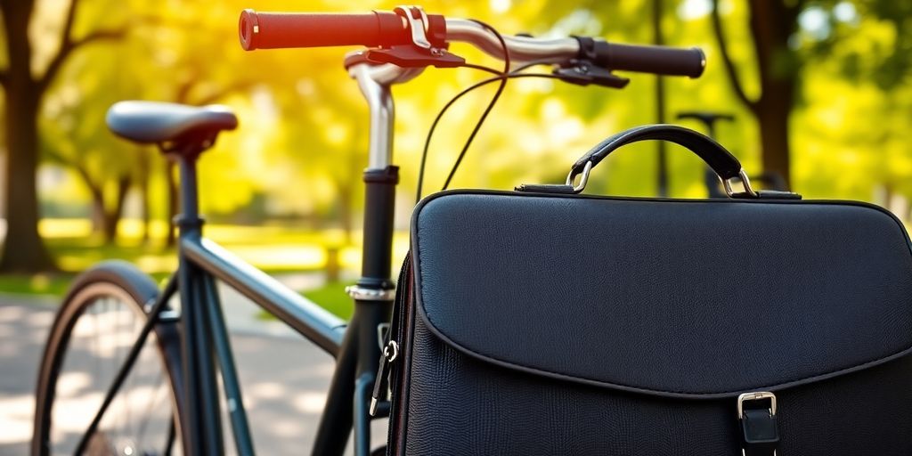 Bicycle and briefcase in a sunny park setting.