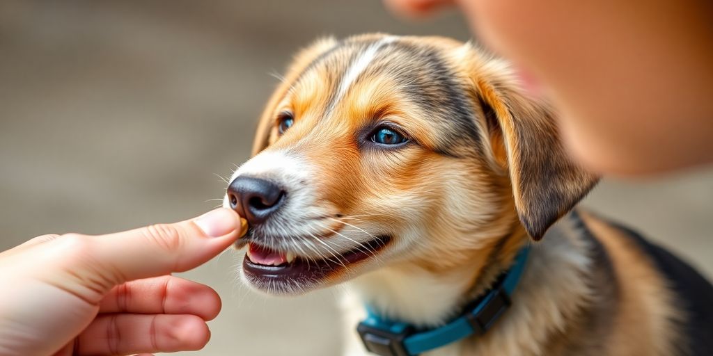 Happy puppy receiving a treat from a trainer's hand.