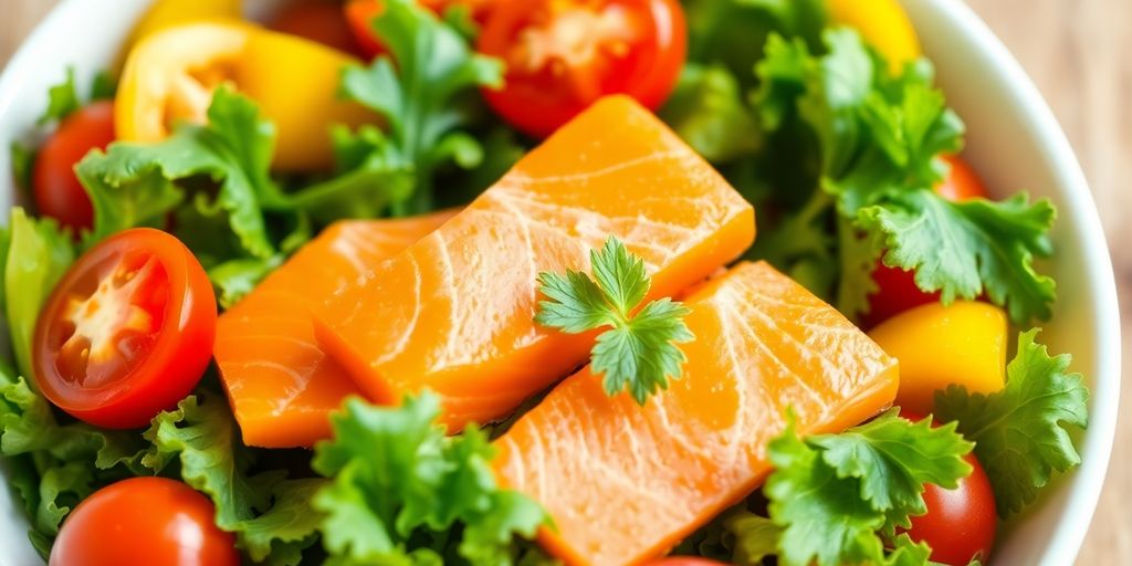 Colorful salad with grilled salmon and fresh vegetables.