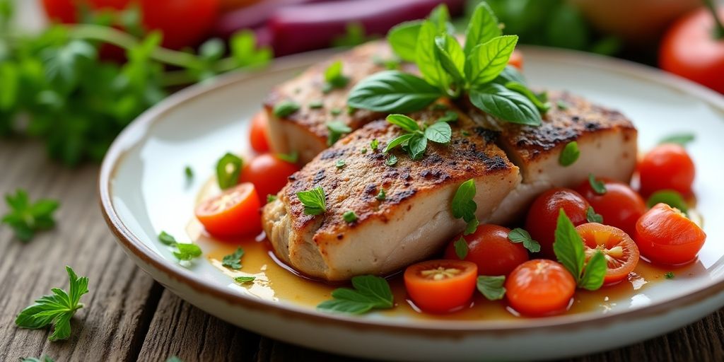 Plate of rabbit meat with herbs and vegetables.