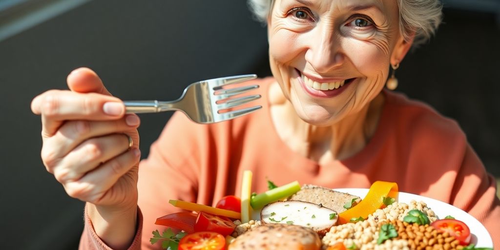 Senior woman enjoying colorful, fresh, healthy food