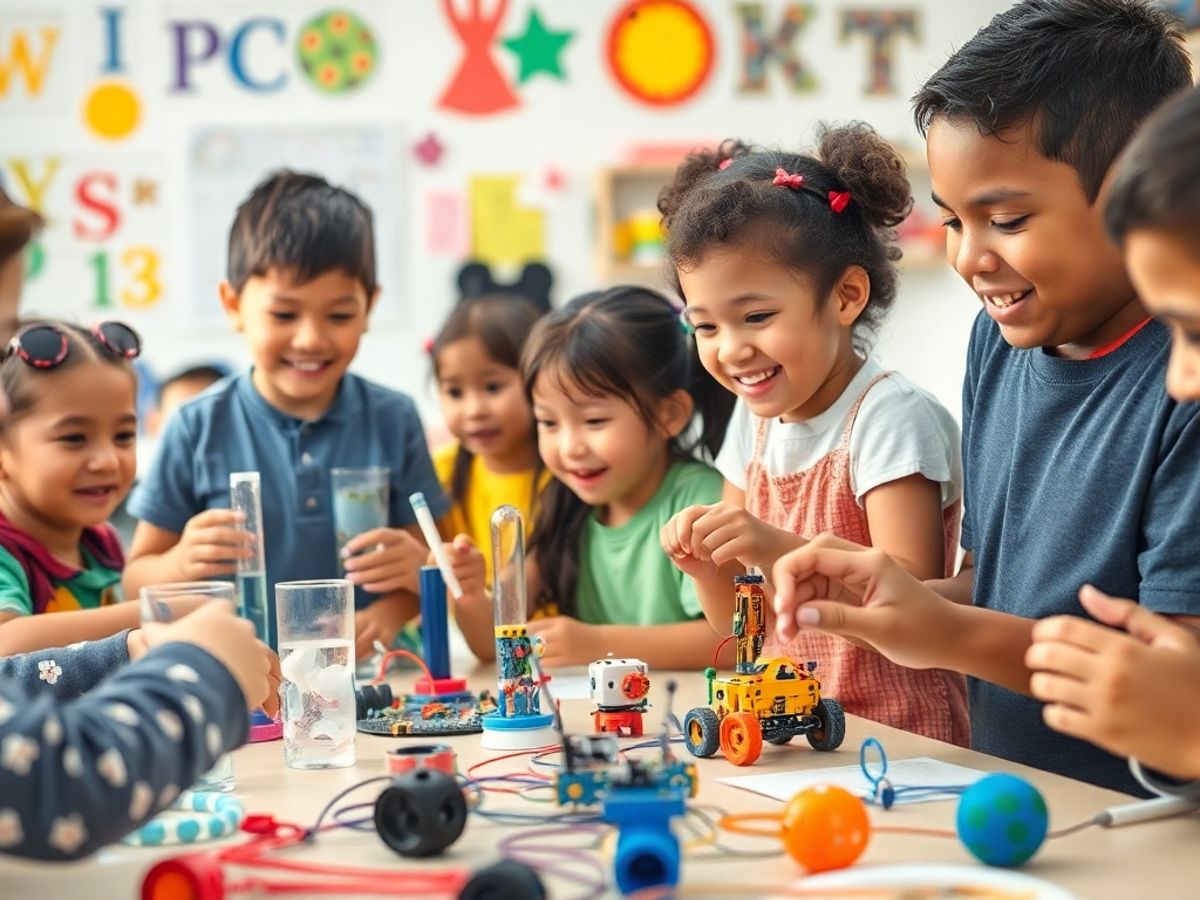 Copii lucrând la proiecte STEM interactive.