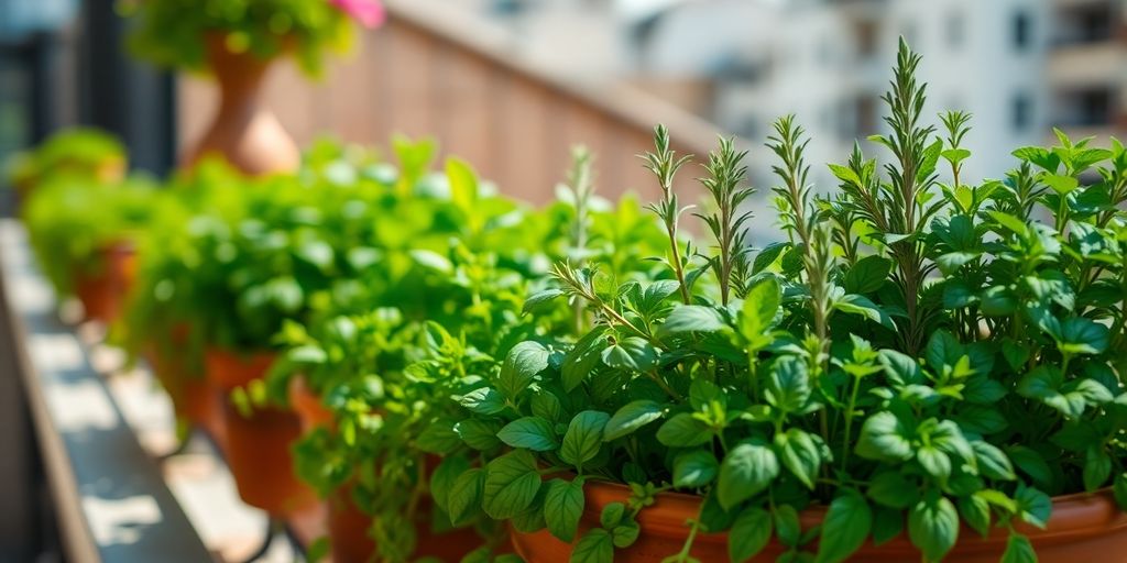 Balkon mit vielfältigen Küchenkräutern