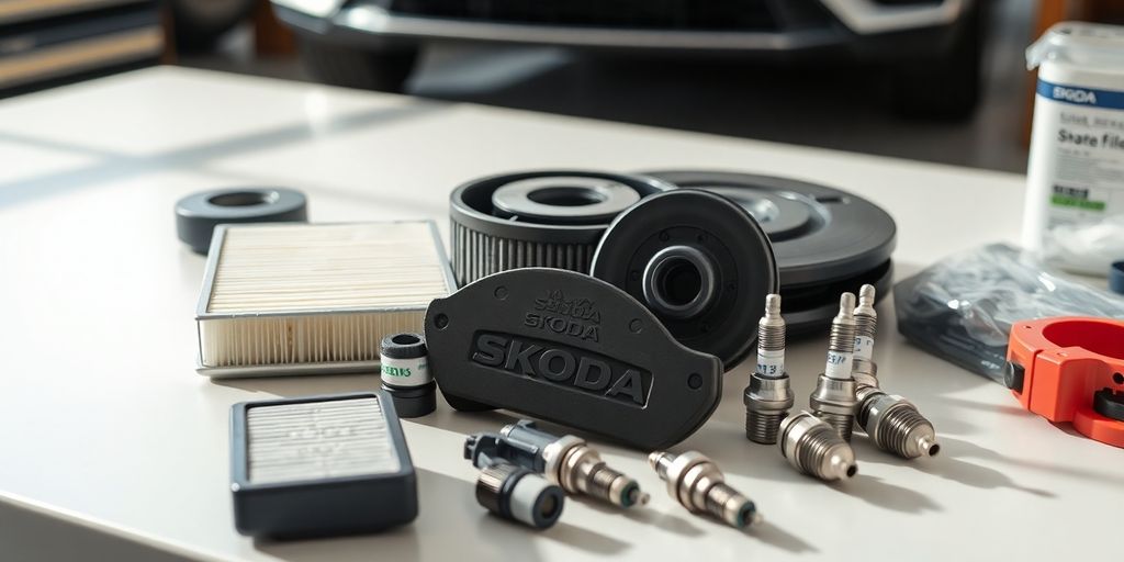 New Skoda car parts on a workshop bench.