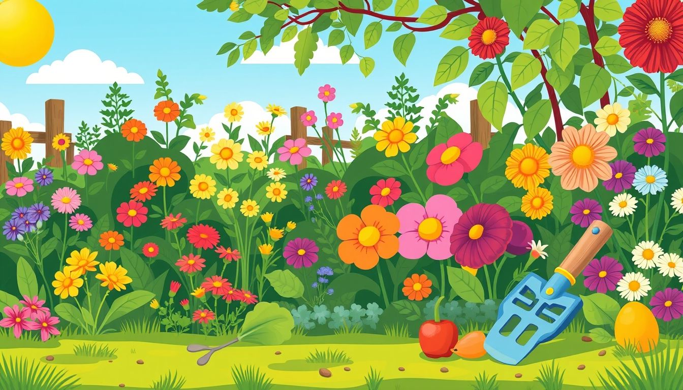 Lush garden with flowers, vegetables, and gardening tools.