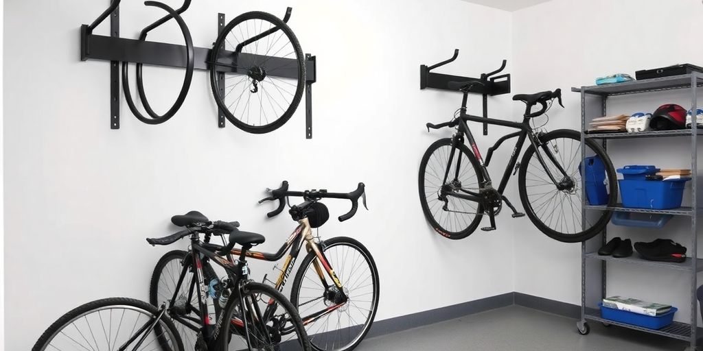 Bicycles stored neatly using Racor bike hanger in garage.