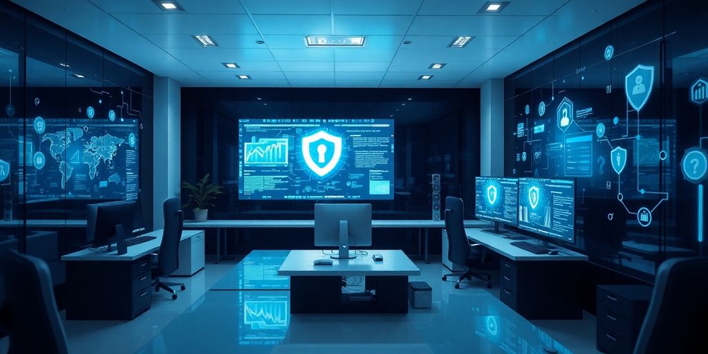 Modern office with advanced cybersecurity technology and devices.