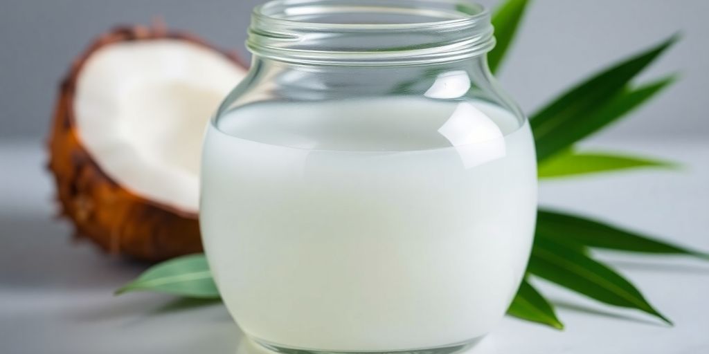 Virgin coconut oil being poured into a clear glass.