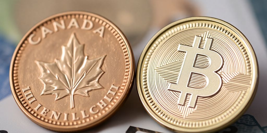 Canadian coin and digital currency symbol side by side.