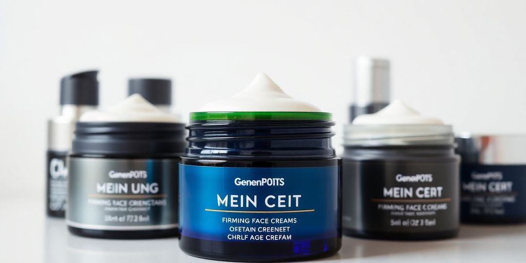 Men's firming face creams in sleek containers on display.