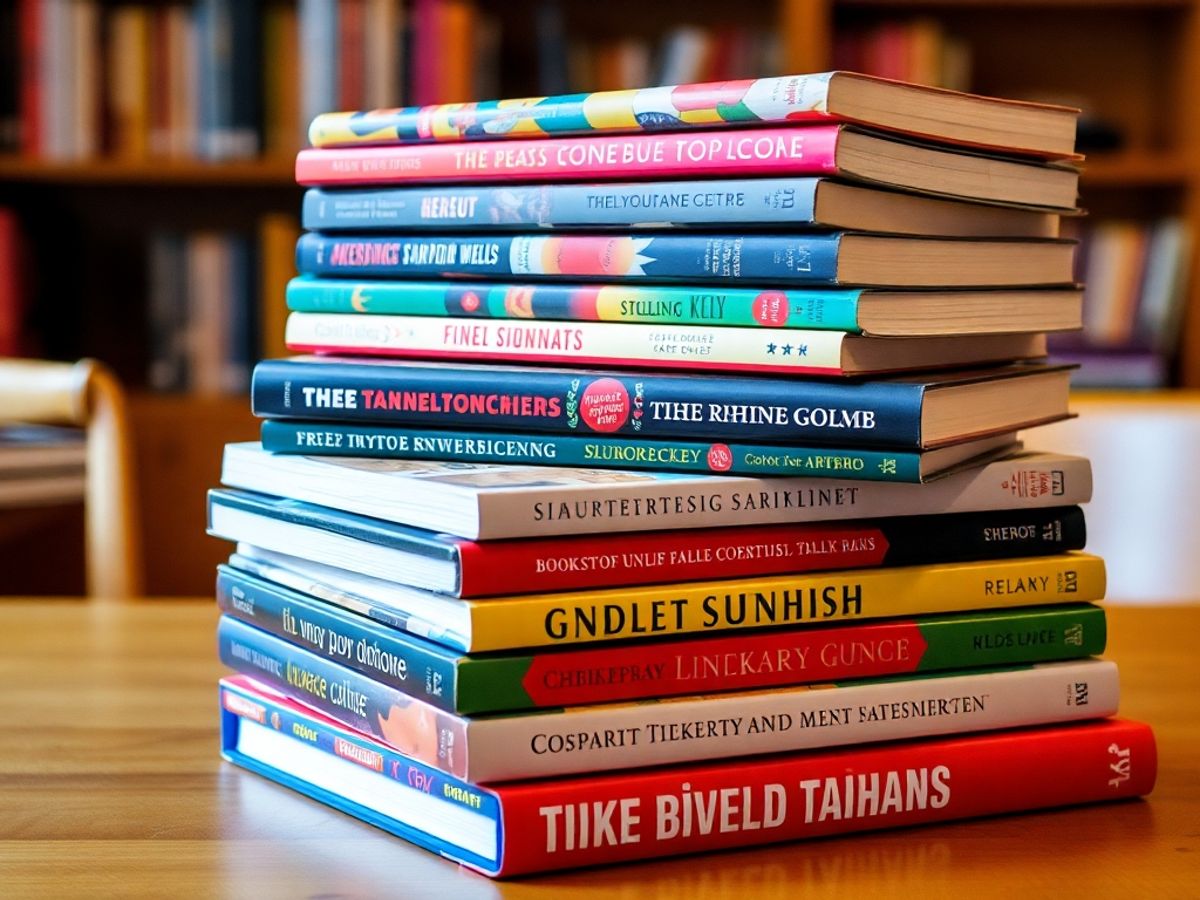 Stack of colorful new books on a wooden table.