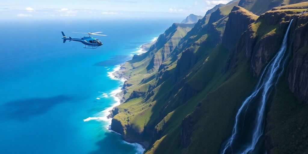 A blue helicopter flies over lush Hawaiian mountains and coastline.