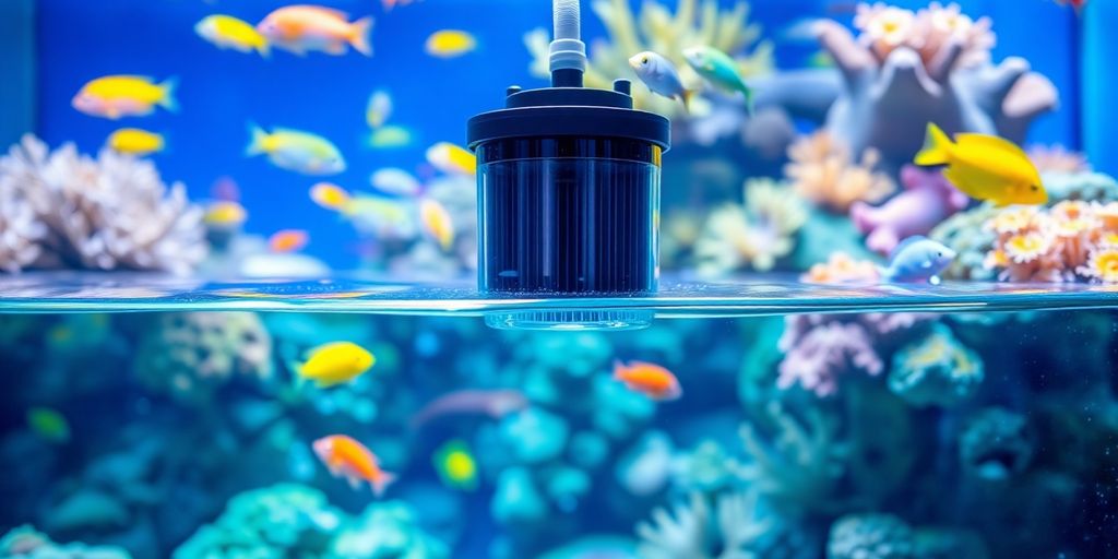 Colorful saltwater aquarium with fish and filter.