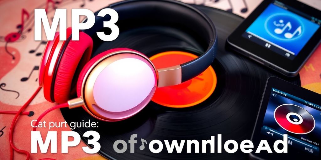 Headphones on a vinyl record with musical notes.