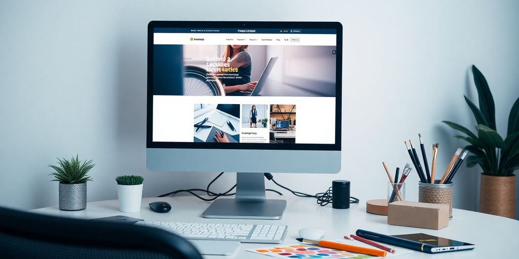 Modern workspace with computer and design tools.