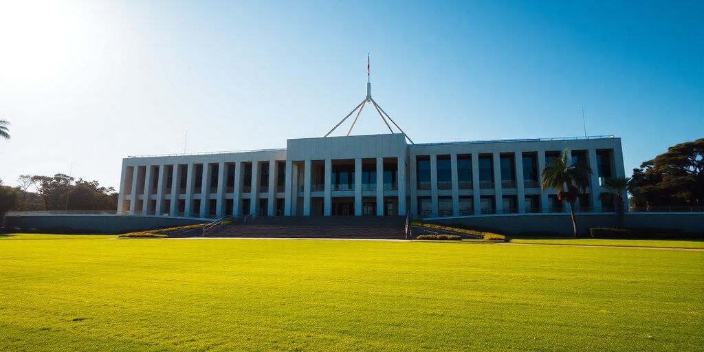 Australian Parliament building exterior, sunny day.
