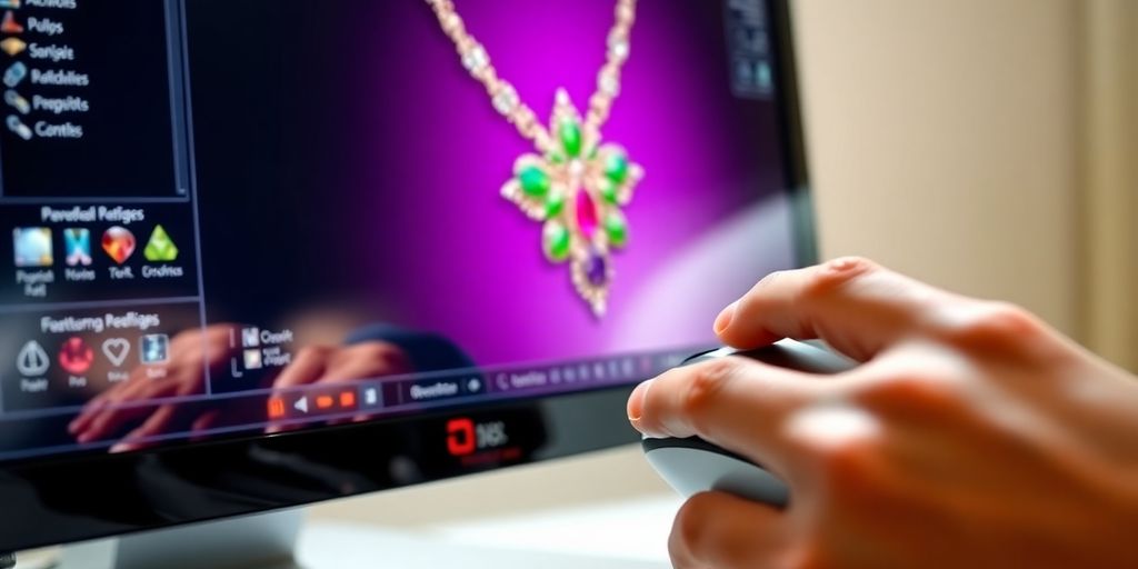 Sparkling jewelry, design software, computer screen.