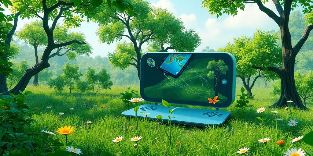 Futuristic gaming console in a green landscape.