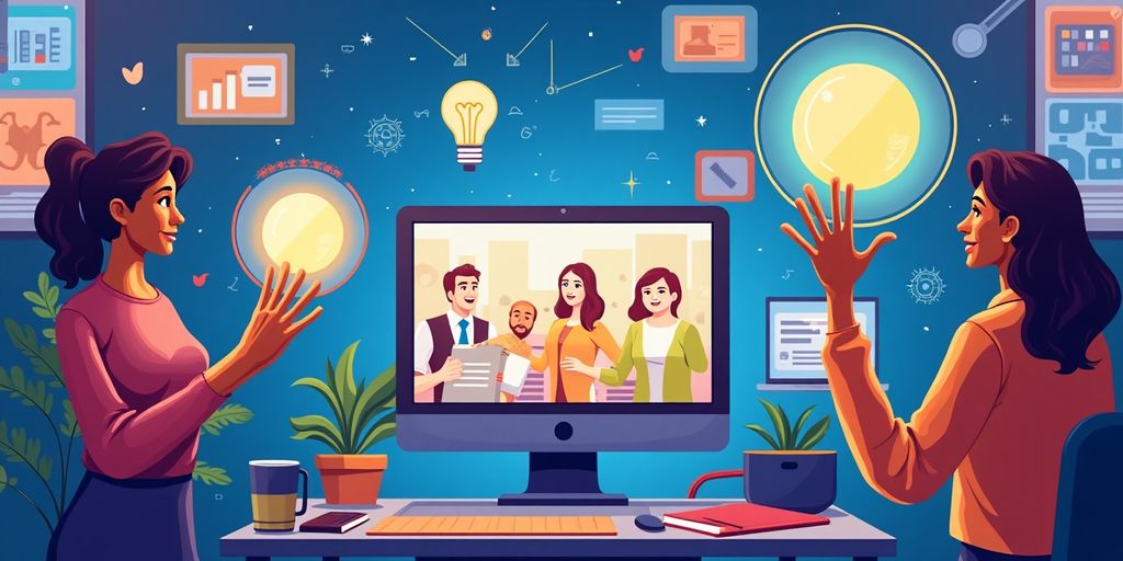 Diverse individuals creating Arabic AI videos on digital screens.