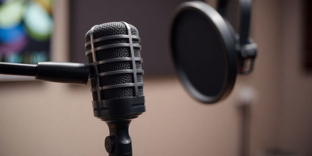 Close-up of a podcast microphone with blurred background.