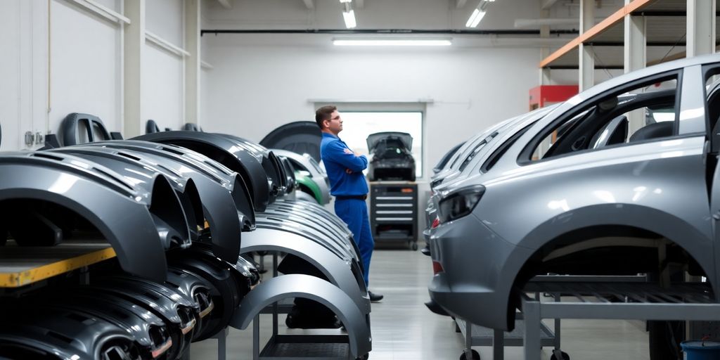 Mitsubishi car parts in a workshop