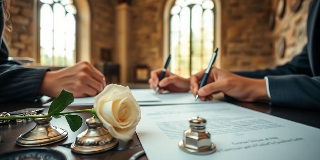 Paar unterzeichnet Heiratsurkunden in einem wunderschönen französischen Schloss.