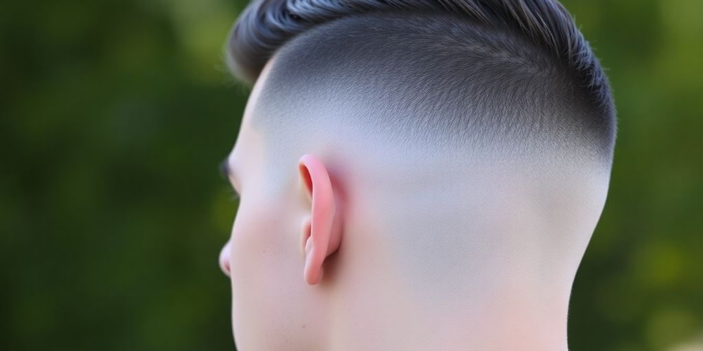 Man's burst fade haircut, side view.