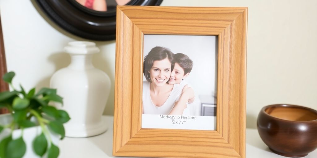 Wooden picture frame on a rustic surface.