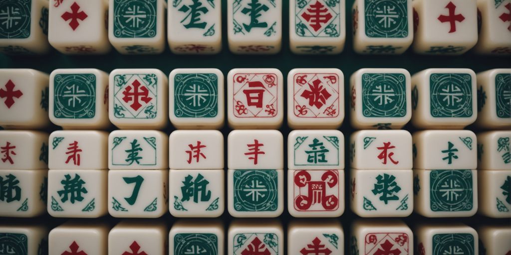 Close-up of Mahjong tiles showing numbers and symbols.