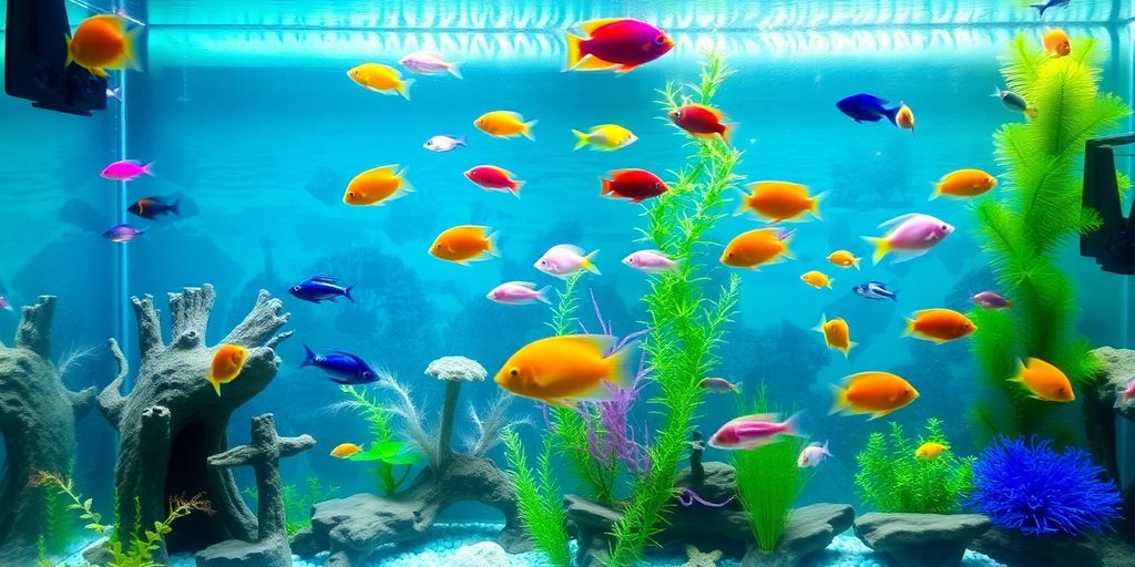 Colorful aquarium tank with fish and aquatic plants.