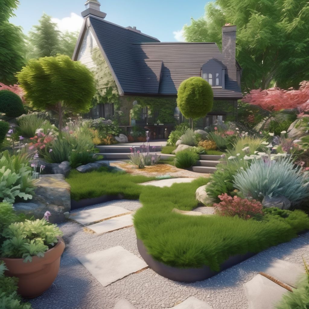 beautiful landscaped garden with maintenance tools