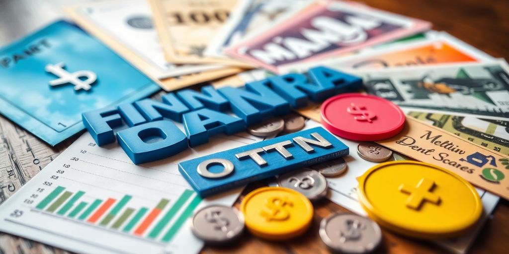 Colorful financial options spread items on a wooden table.