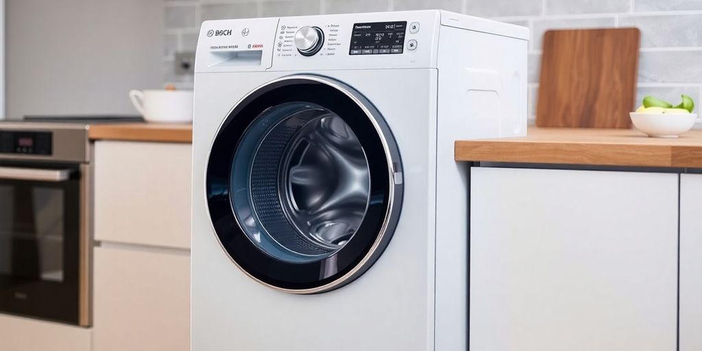 Moderne Bosch Waschmaschine in stilvollem Küchenumfeld.