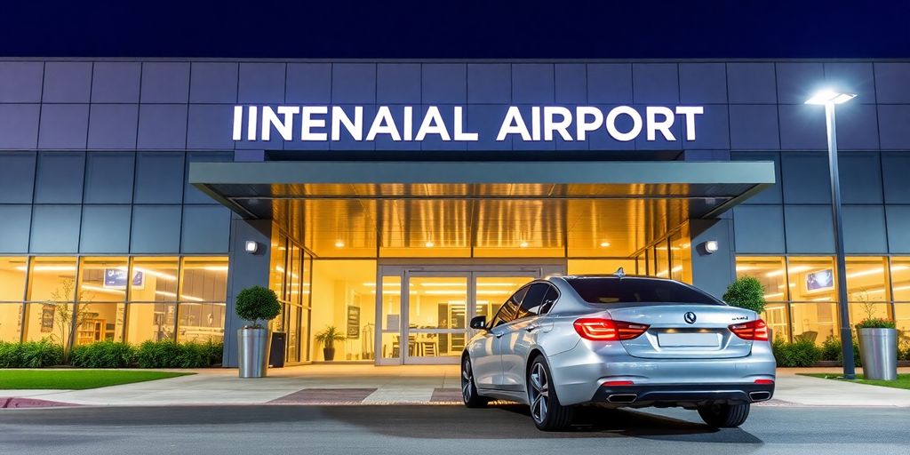 Modern car arriving at a well-lit airport.