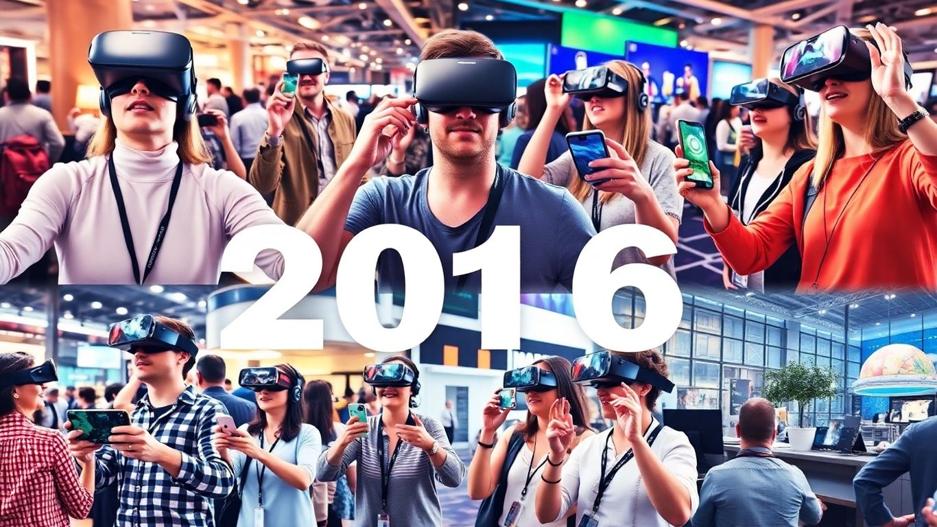 People using VR headsets and AR apps in lively settings.