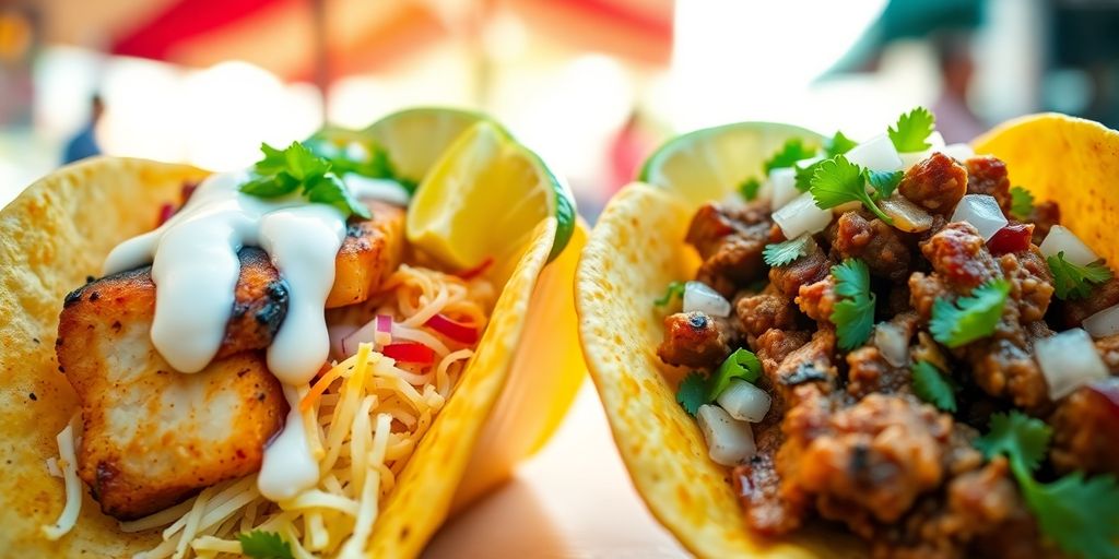 Close-up of vibrant, delicious tacos with fresh ingredients.