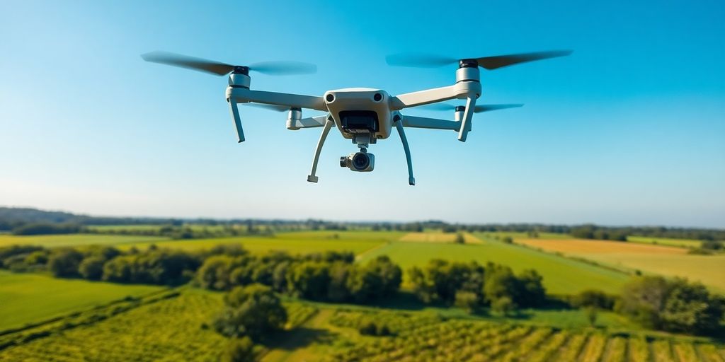 Drone survolant un paysage verdoyant et technologique.