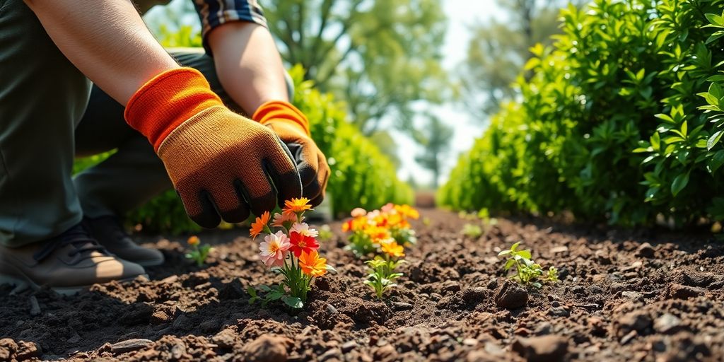 Landscaper planting flowers, green foliage, sun.