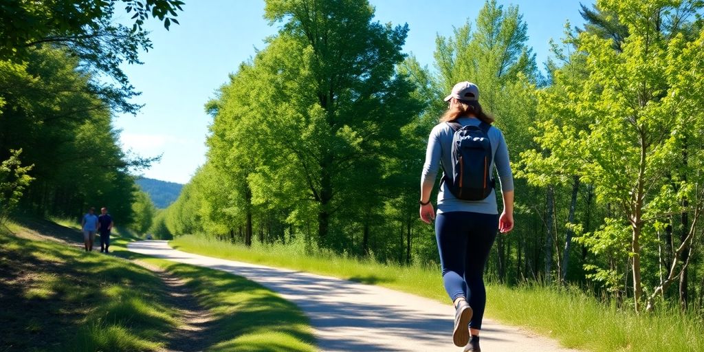 A person hiking on a sunny trail.