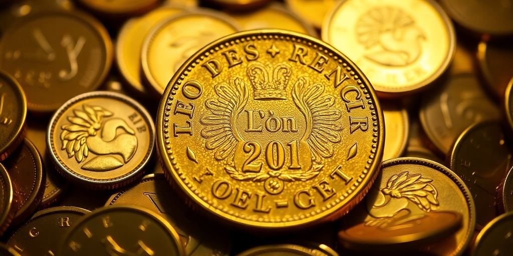Un Louis d'or ancien posé sur des pièces d'or scintillantes.