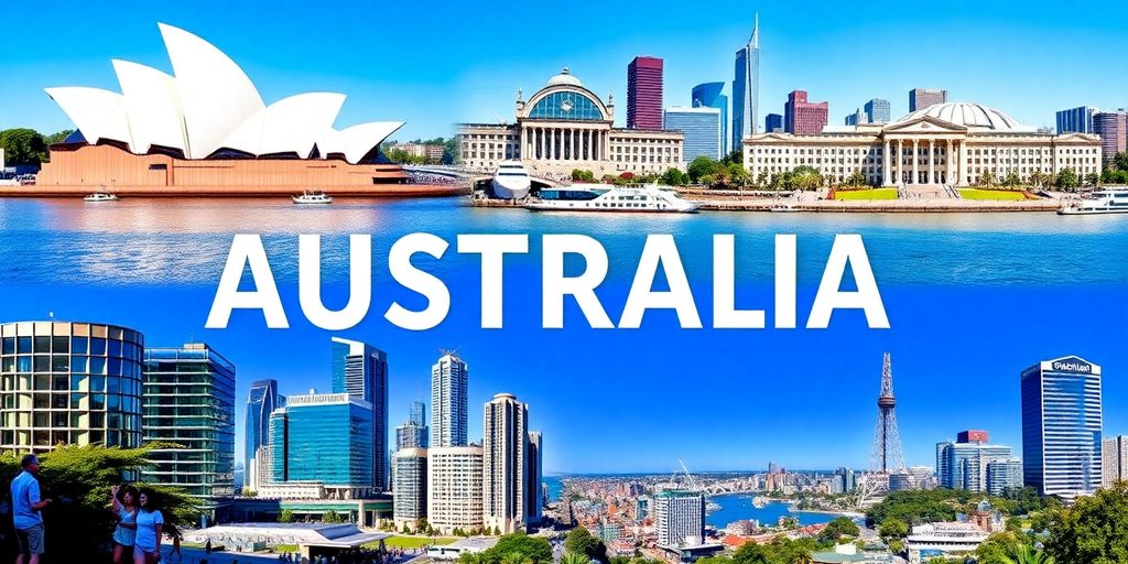 Australia capital cities, iconic landmarks, vibrant city life.