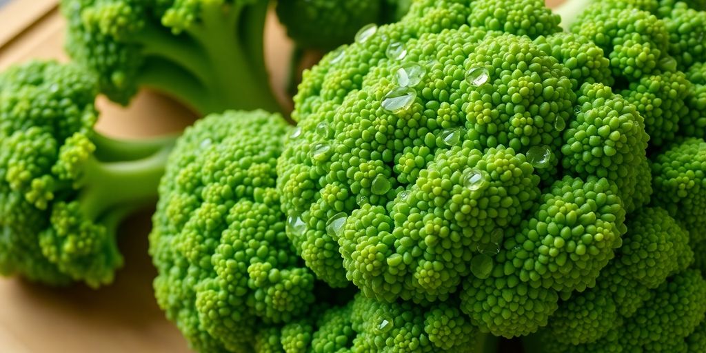 Fresh broccoli on a wooden cutting board, glistening with droplets.