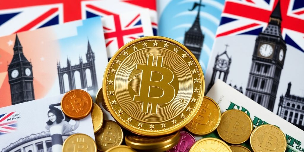 Stablecoin coin with British currency in the background.