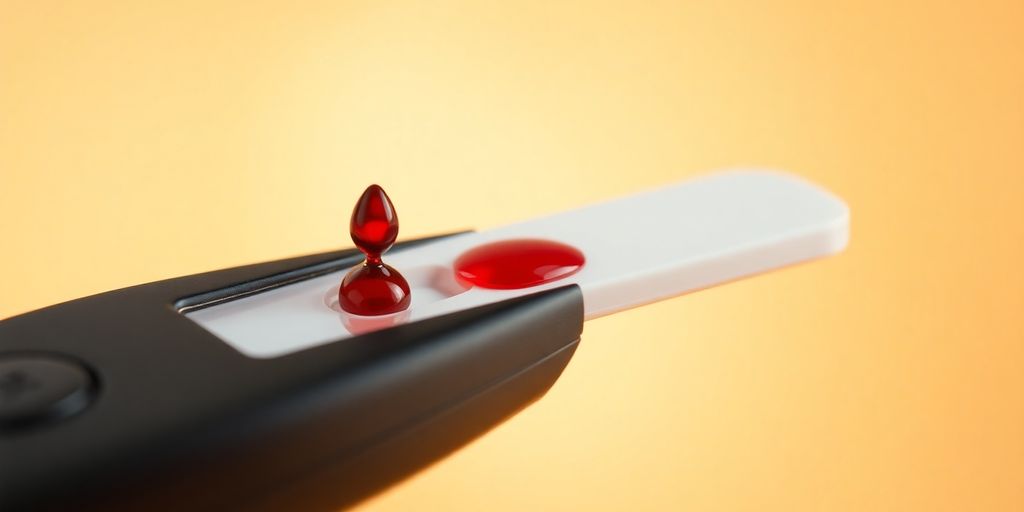 Blood droplet on a glucose meter.