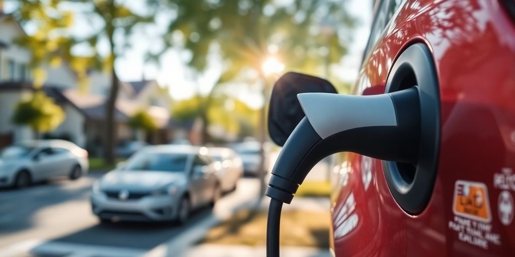 EV charging at home, suburban street.