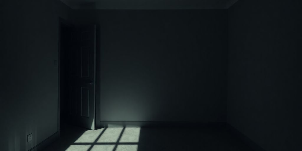 Dark room with closed doors, conveying secrecy and tension.