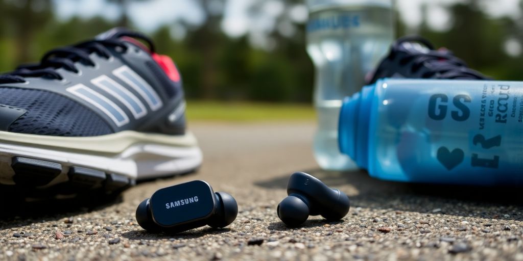 Samsung Galaxy Buds 2 Pro auf einem Sportoutfit.